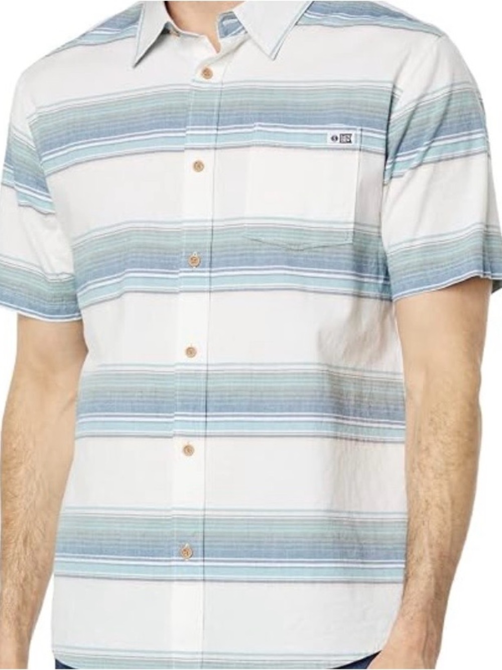 Salty Crew Short-Sleeve Button-Down in Off-White and Teal Stripes
